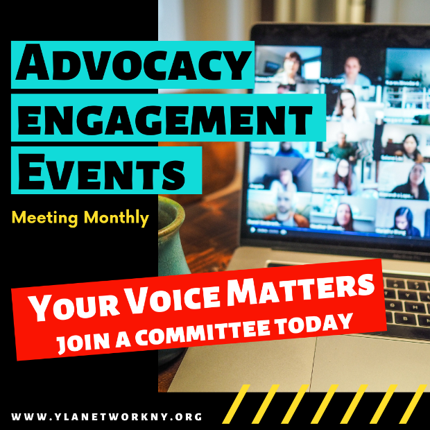 Photo of laptop with zoom meeting open. text reads "Advocacy Engagement Events meeting monthly. Your Voice Matters. Join a committee today"