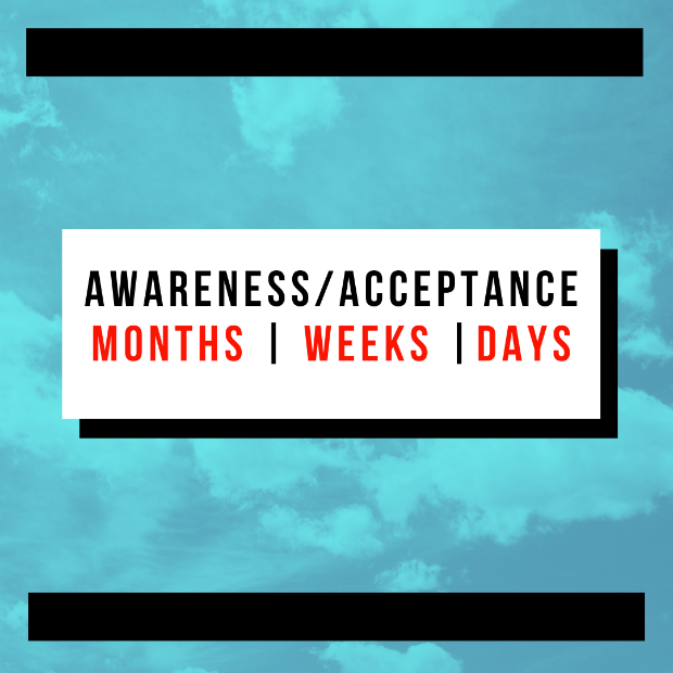Text reads" Awareness/Acceptance months, weeks, days"