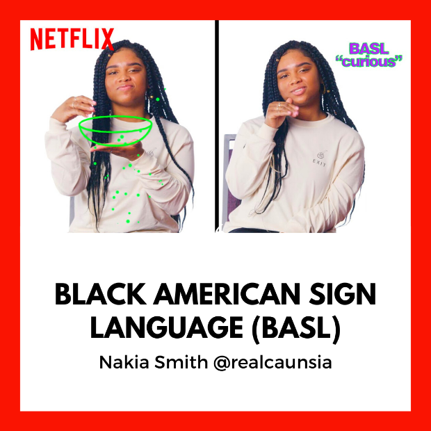 screen cap of Nakia Smith signing in video. Text reads "Black American Sign Language BASL. Nakia Smith @realcausnia"