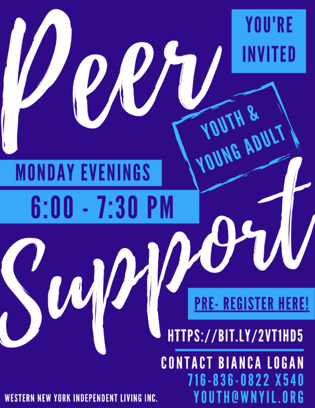 Peer Support Group Flyer. Text reads "You're invited. Youth & Young adult peer support. Monday evenings 6-730. Contact Bianca Logan." info in post