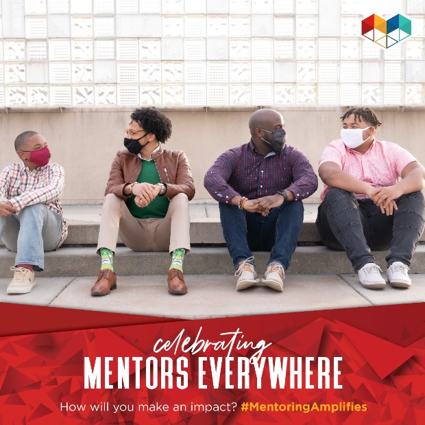 group of people of varying ages sitting on a curb looking at each other. text reads "celebrating mentors everywhere"